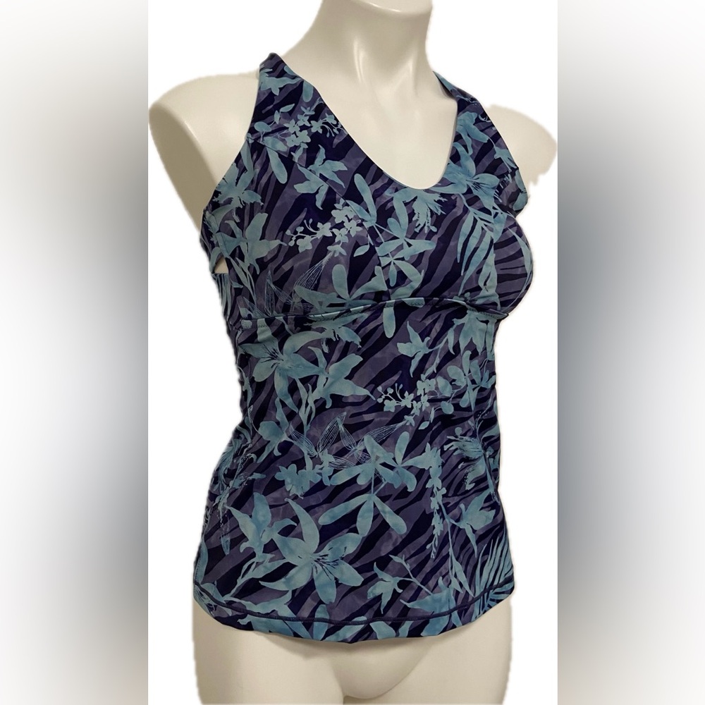 ATHLETA TRIANGLE PRINTED TIGERLILY BLUE STRAPPY UPF PROTECTION SWIM TOP TANKINI